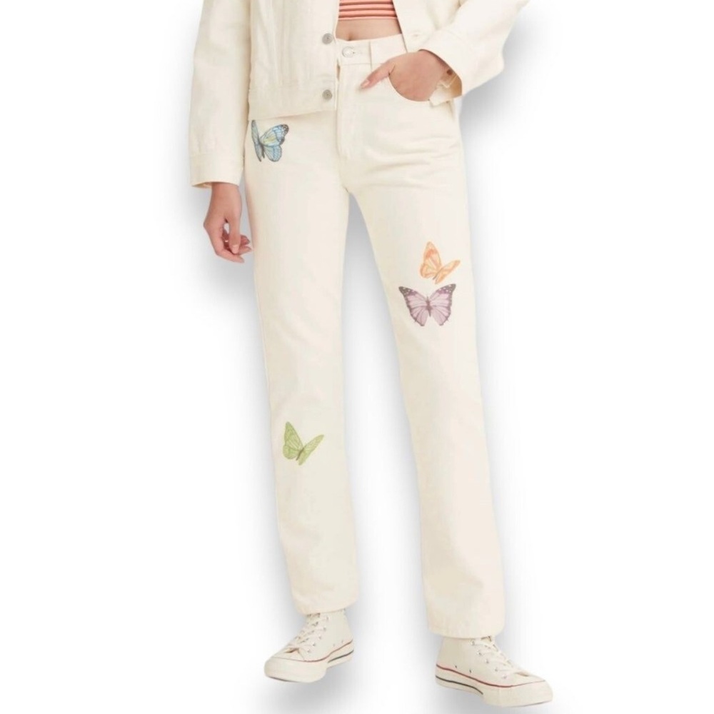 LEVI'S 501 Original Fit Jeans Multi Butterflies Print Cream Women's W-32 L-28